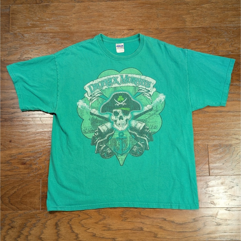Vintage Dropkick Murphys XLarge 23x27 Shirt Pirate Skull Clover Anchor Green